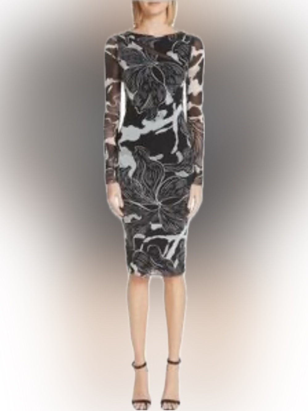 Black & White Long Sleeve Floral-Print Bodycon Dress